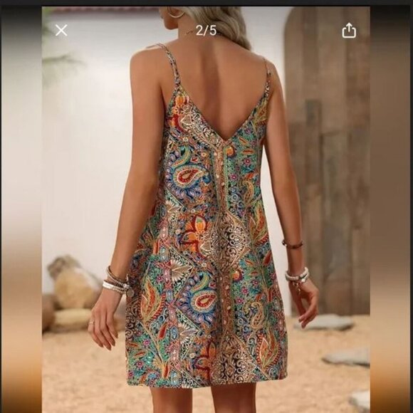 🥑2/100🥑NWT Colorful Summer Vacation Dress Spaghetti Straps Mini Dress V-neck - Picture 3 of 14